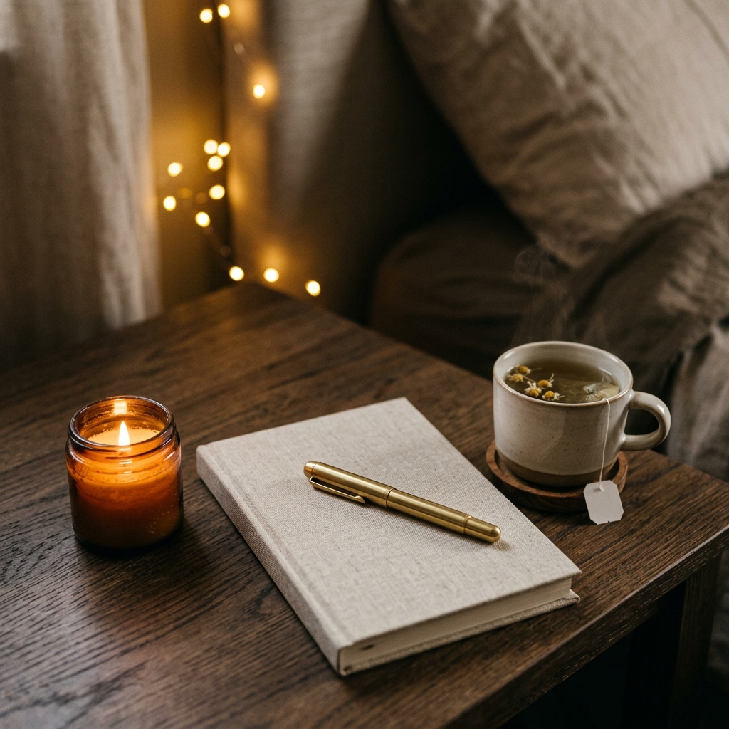 A warm, cozy bedside scene with a glowing candle, a closed linen notebook, a brass pen, and a warm cup of chamomile tea under soft evening light.