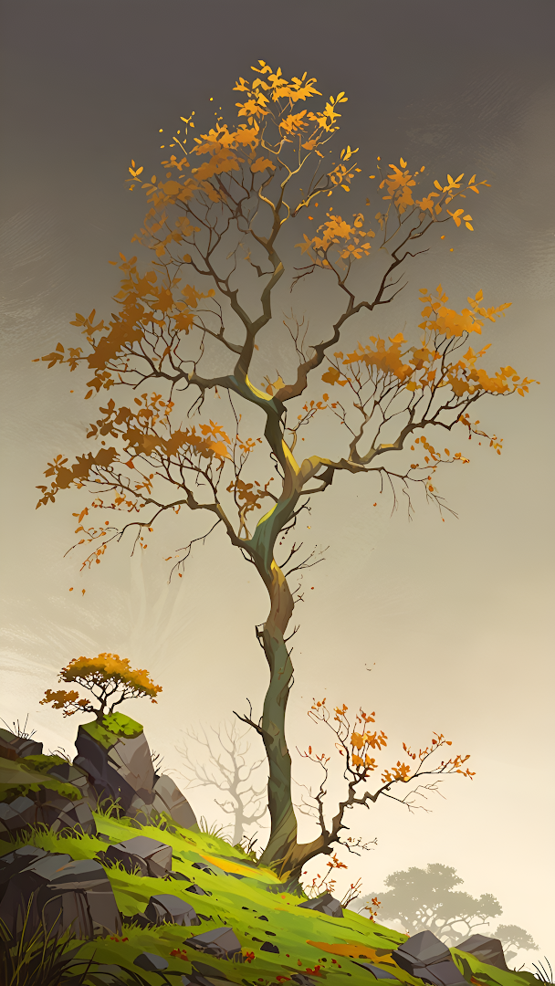 Solitary Tree with Golden Leaves on Rocky Hillside