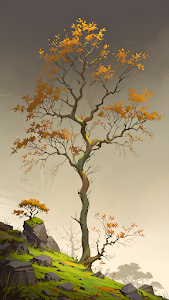 Solitary Tree with Golden Leaves on Rocky Hillside