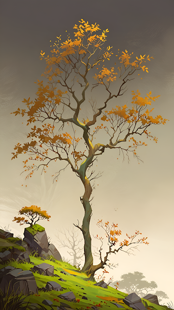 Solitary Tree with Golden Leaves on Rocky Hillside - Free mobile Wallpaper