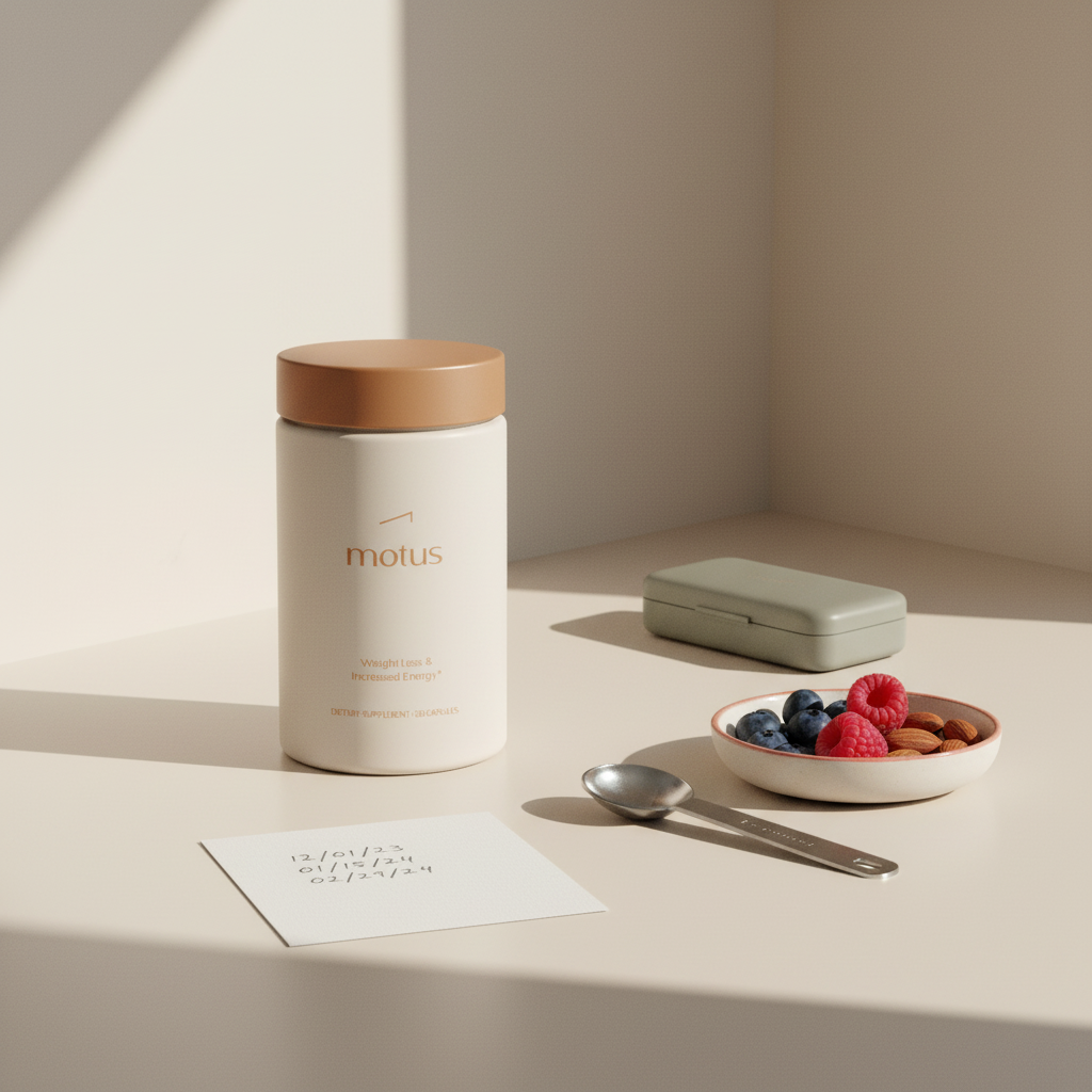 Tonum Motus jar on kitchen counter with measuring spoon, bowl of berries and nuts, pillbox and notecard — representing bariatric surgery vitamin deficiency care.