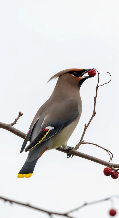 Bohemian Waxwing Eating Berry
