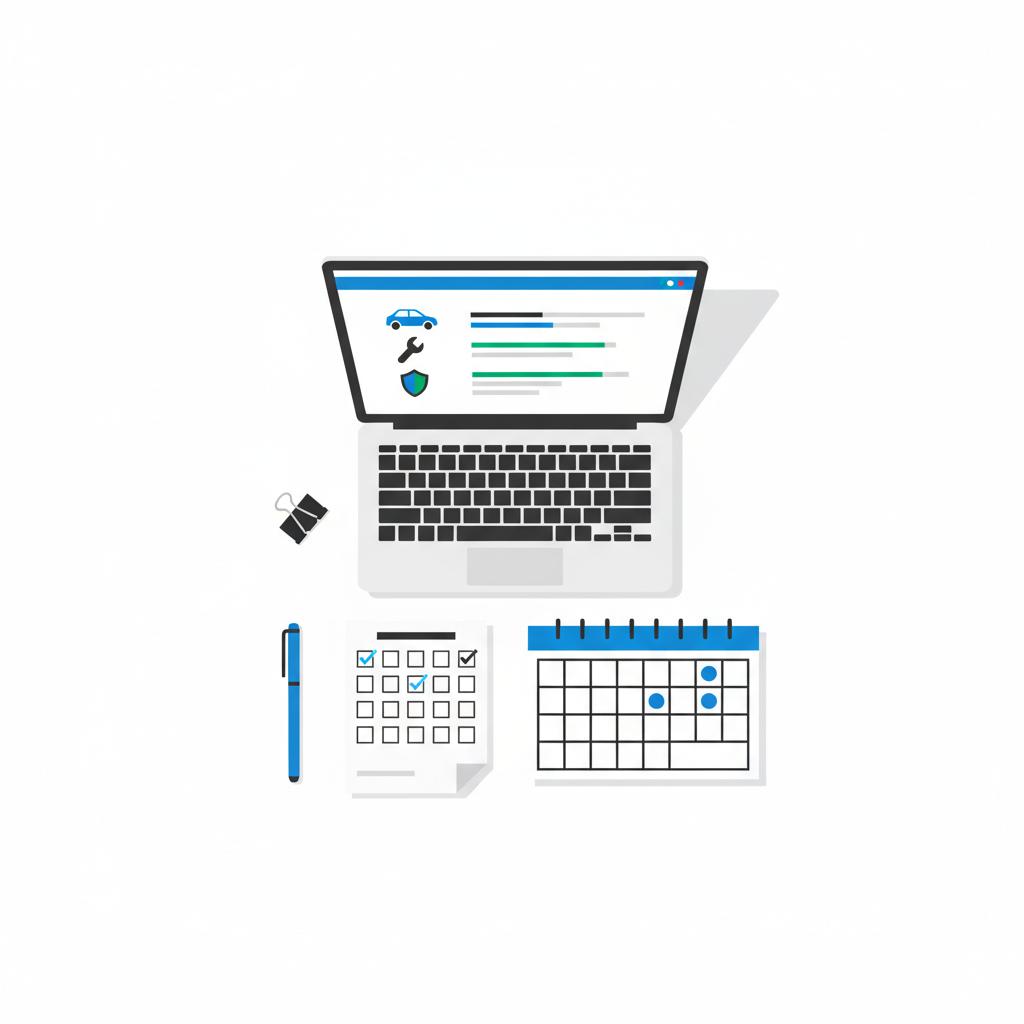 Top down 2D vector desk with laptop showing abstract vehicle history report checklist and calendar marked near end of month indicating best time to buy a Ford