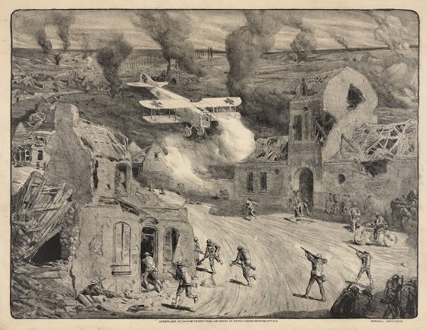 Aeroplane attacking troops from low height at Vierzy during Soissons attack 1927