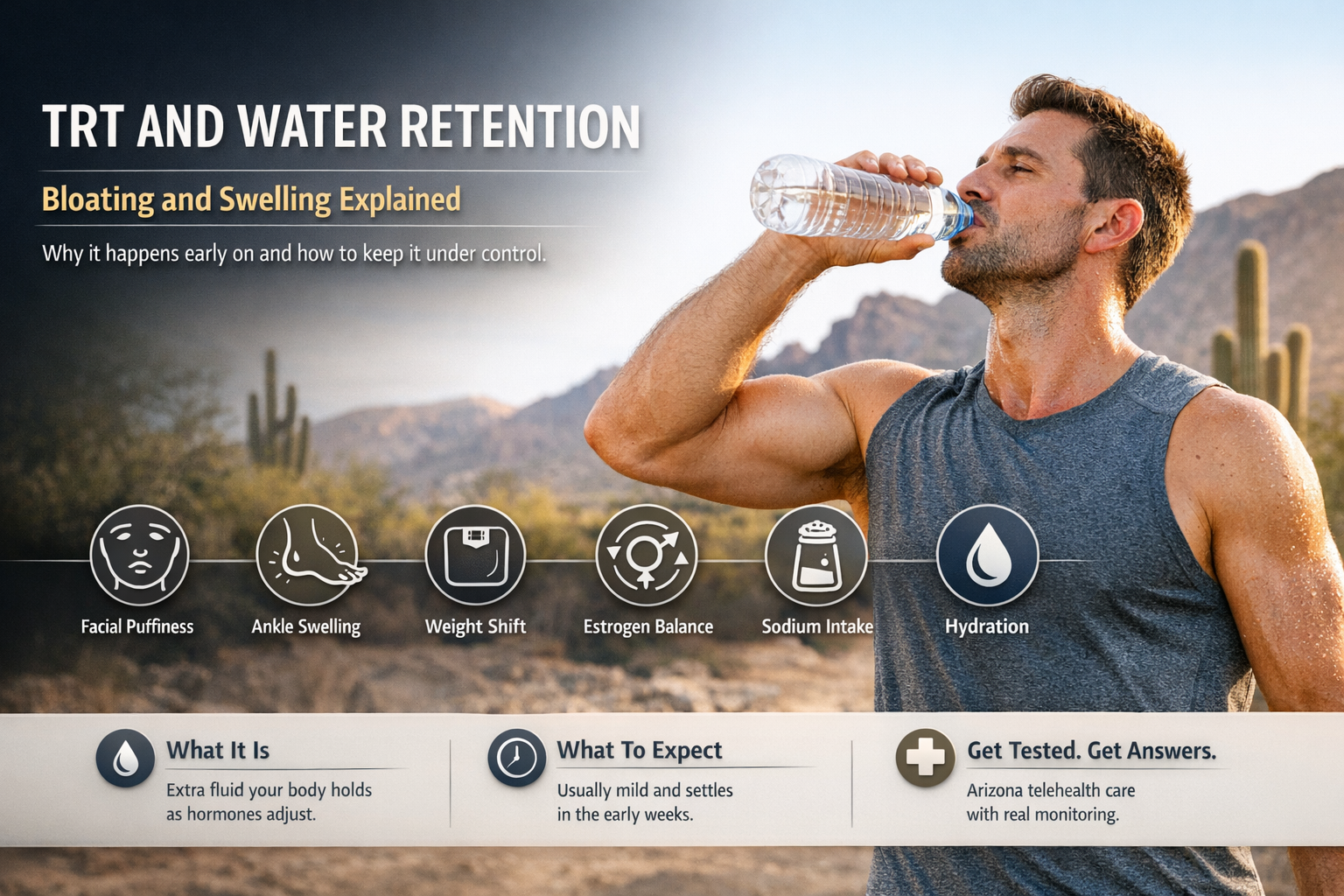 Does TRT Cause Water Retention? Bloating &amp; Swelling Explained — AZTRT Arizona TRT clinic blog cover showing a fit man drinking water after a workout, with labels for facial puffiness, ankle swelling, estrogen balance and hydration