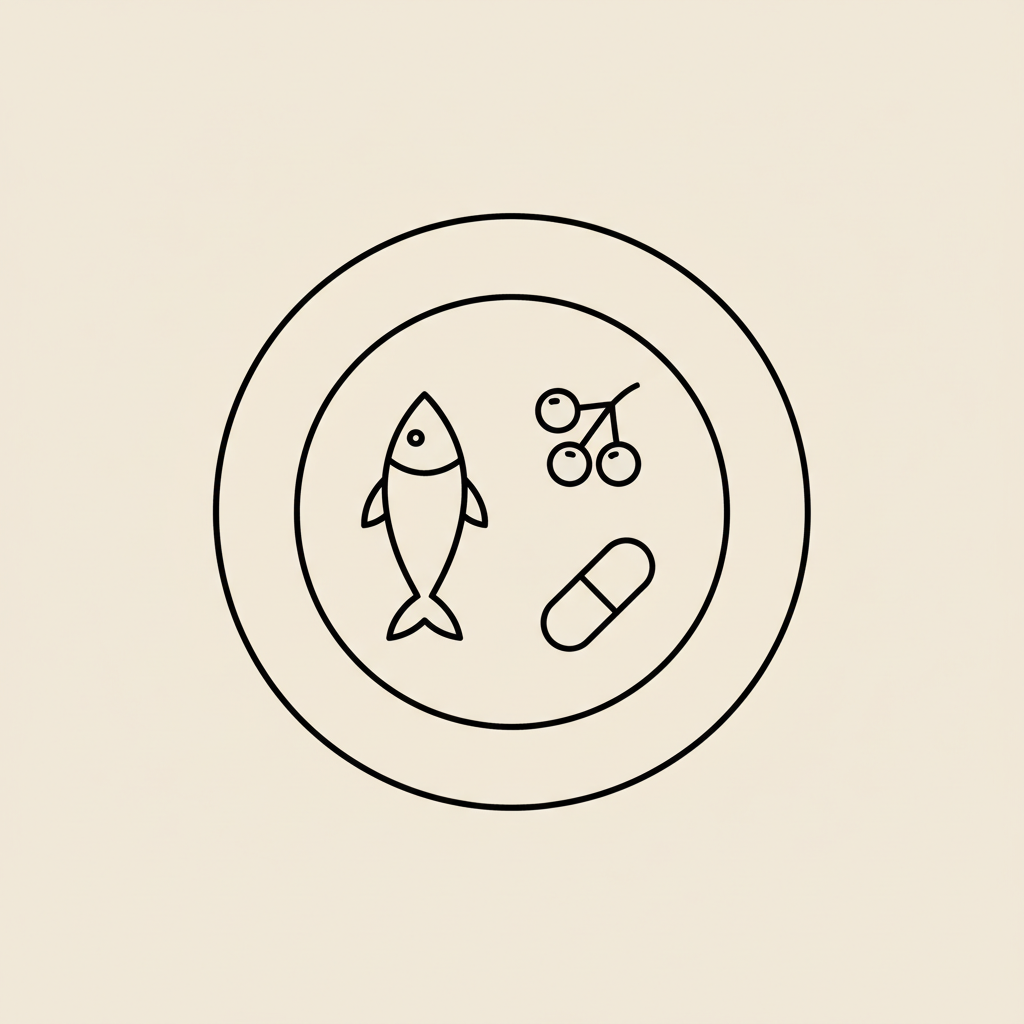 Minimal Tonum-style line illustration of a plate with fish, berries and a capsule on a beige background, representing balanced nutrition for hormonal belly