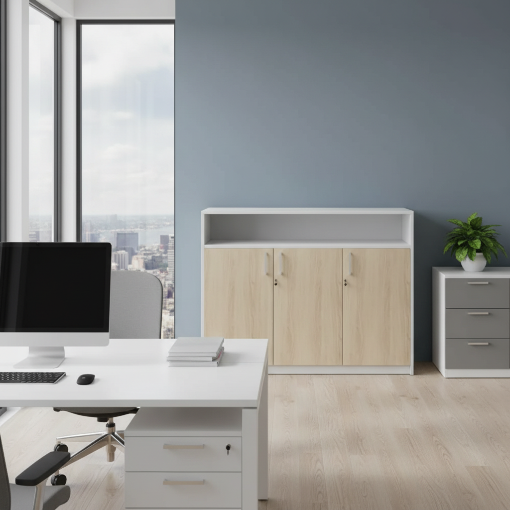 RADAR Color Three Door Cabinet With Recessed Open Top Shelf
