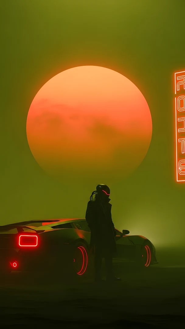 Cyberpunk Driver and Sports Car Under Neon Sun