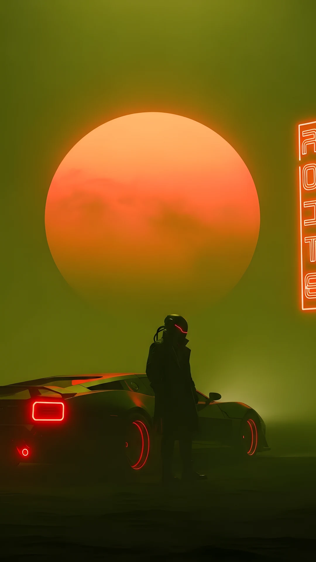 Cyberpunk Driver and Sports Car Under Neon Sun - Free 4K mobile Wallpaper