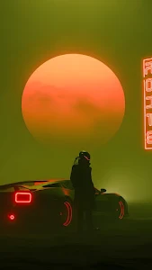 Cyberpunk Driver and Sports Car Under Neon Sun