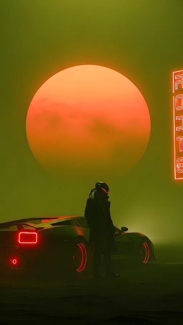 Cyberpunk Driver and Sports Car Under Neon Sun - Free mobile Wallpaper