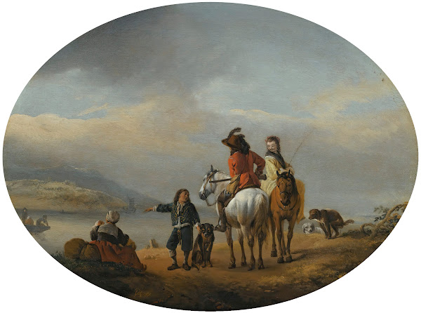 A Lady And A Gentleman On Horseback Being Shown To An ApproachingFerry By A Youn