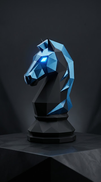 Modern Low-Poly Black Chess Knight Sculpture with Blue Metallic Accents - Free mobile Wallpaper