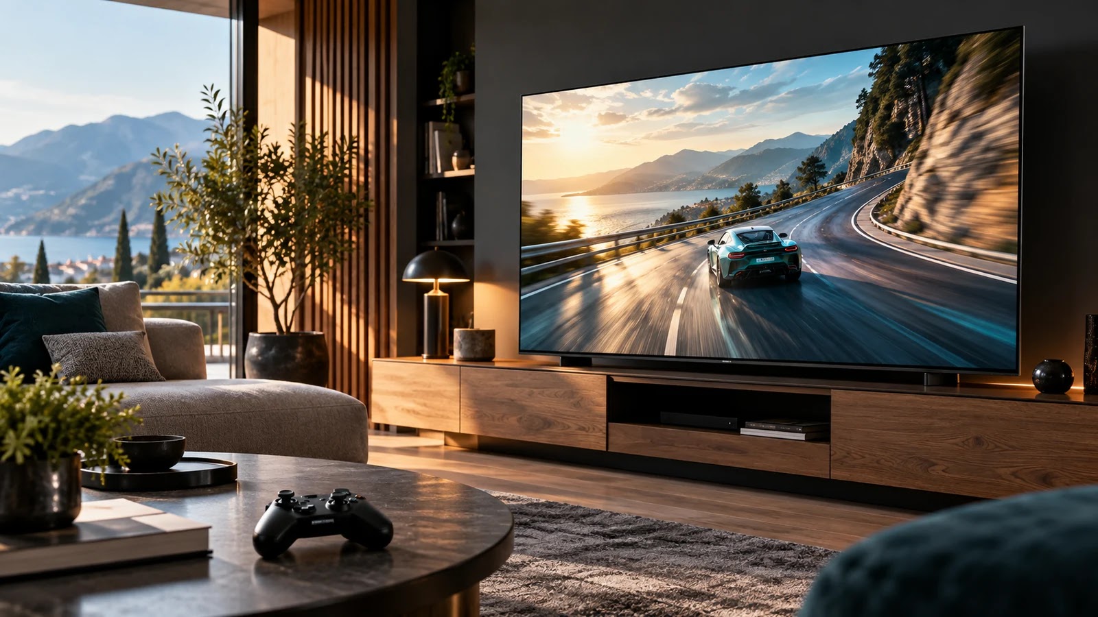 Televisore generico con scena di guida e controller sul tavolino di un soggiorno