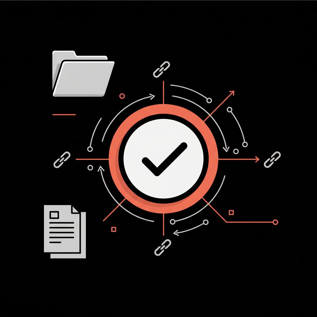 Minimal 2D vector infographic of a dossier and documents flowing through link icons into a central verification badge representing an Instagram blue tick on black background.