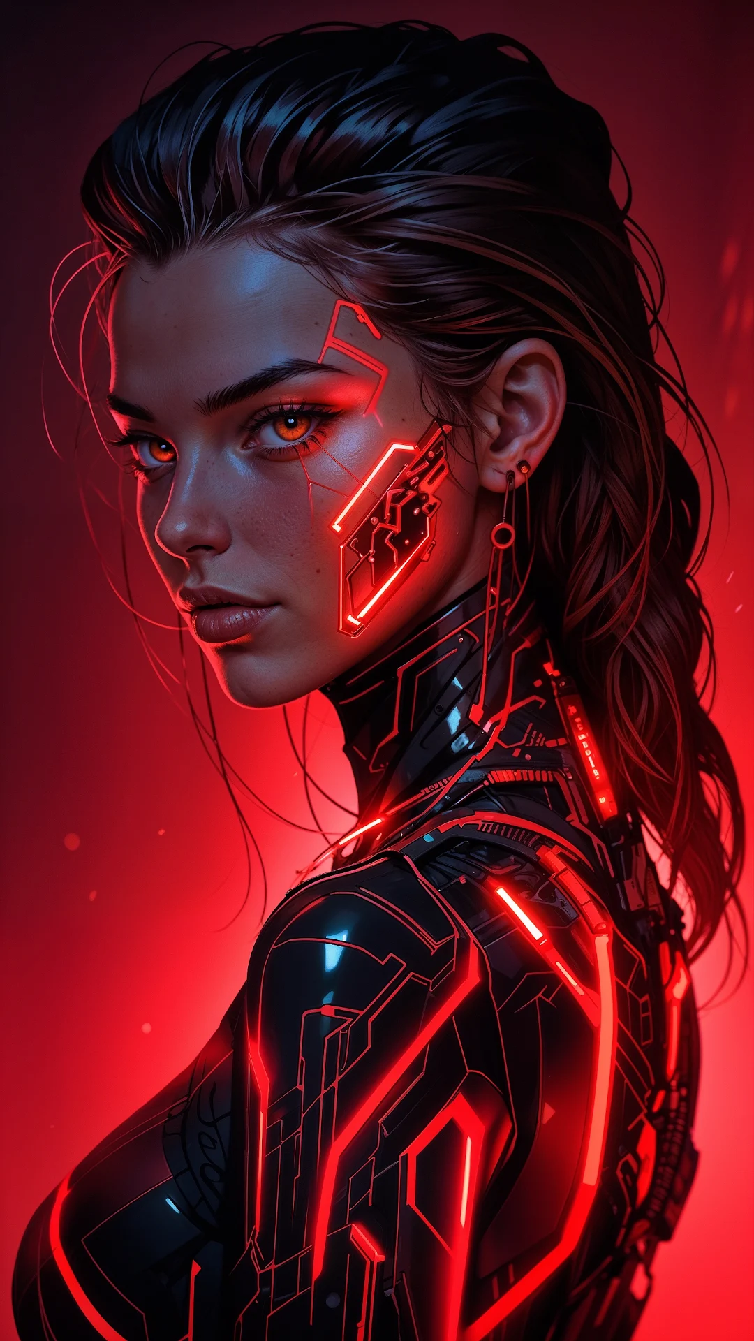 Cyberpunk Woman with Red Glowing Circuitry - Free 4K mobile Wallpaper