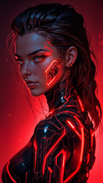Cyberpunk Woman with Red Glowing Circuitry - Free mobile Wallpaper