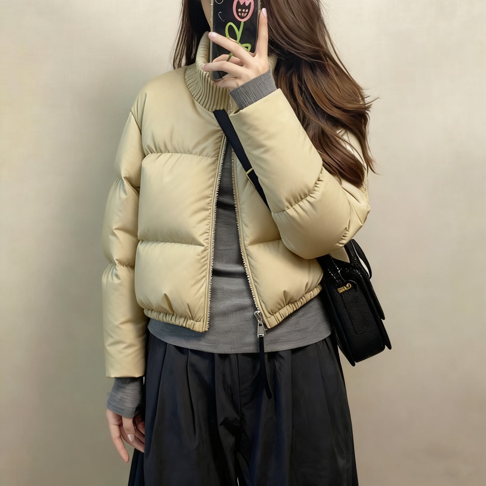Short women's padded jacket, stand-up collar, quilted
