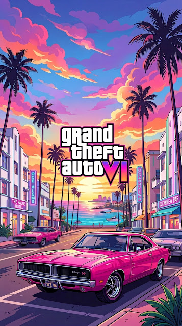 Synthwave Style Illustration of a Classic Pink Car in a Tropical City Setting - Free mobile Wallpaper