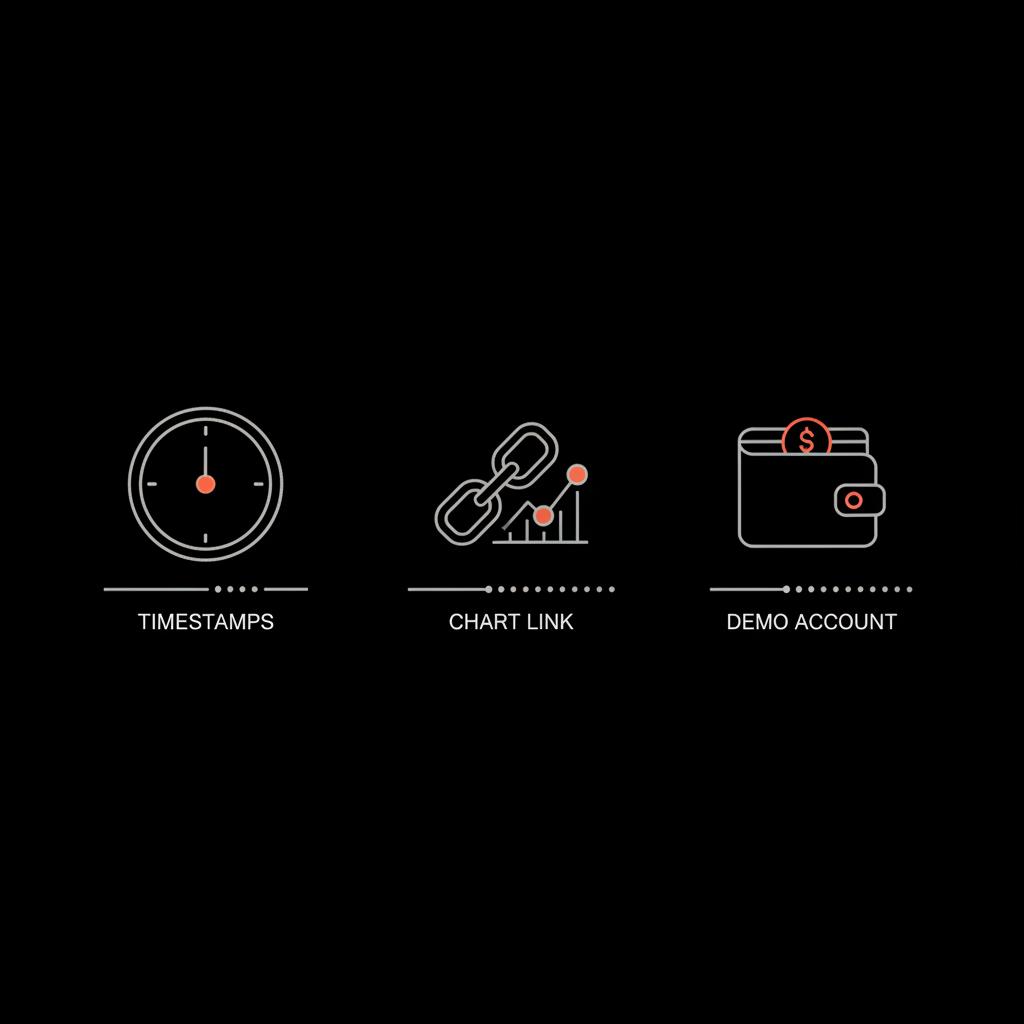 Minimal flat vector infographic for best Instagram account for trading showing a verification checklist: clock for timestamps, chart-link icon, demo account wallet in Social Success Hub brand colors.