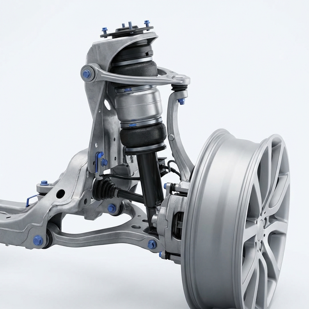 Close up view of range rover sport for sale air suspension unit and alloy wheel for inspection on clean white CarFax Deals style background