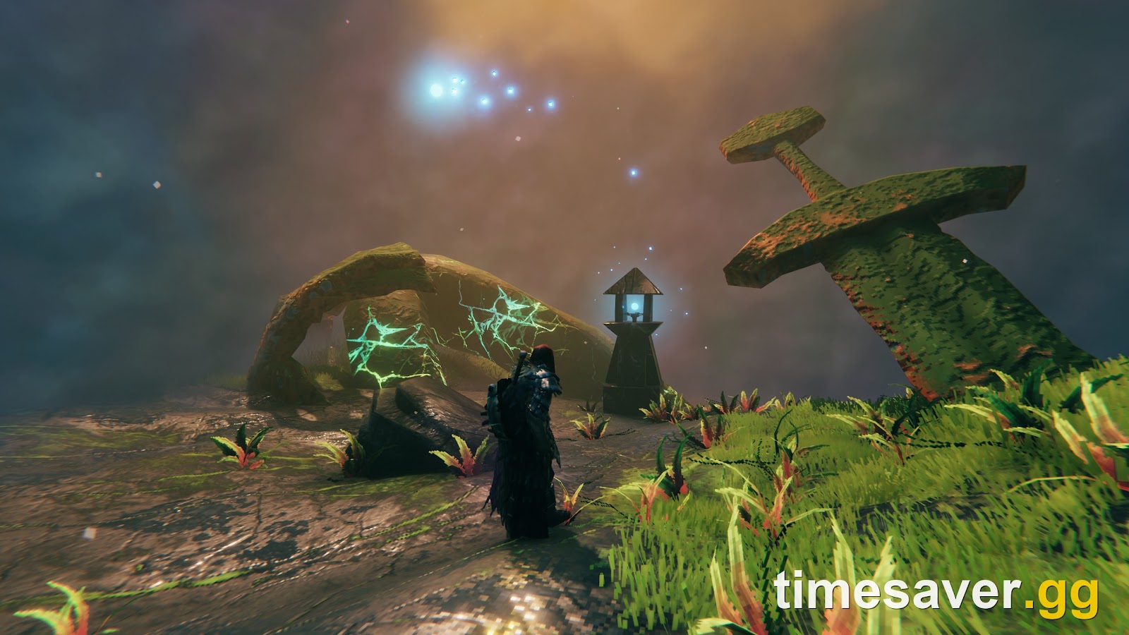 A Valheim player in dark hooded cloth mage attire standing among glowing roots and mist in the Mistlands biome