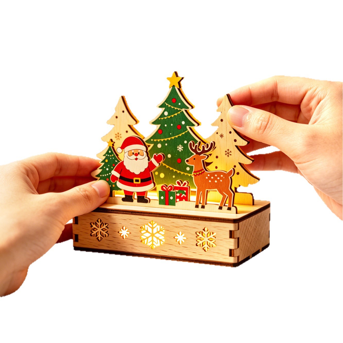 LED-lit wooden house, decorative table ornament