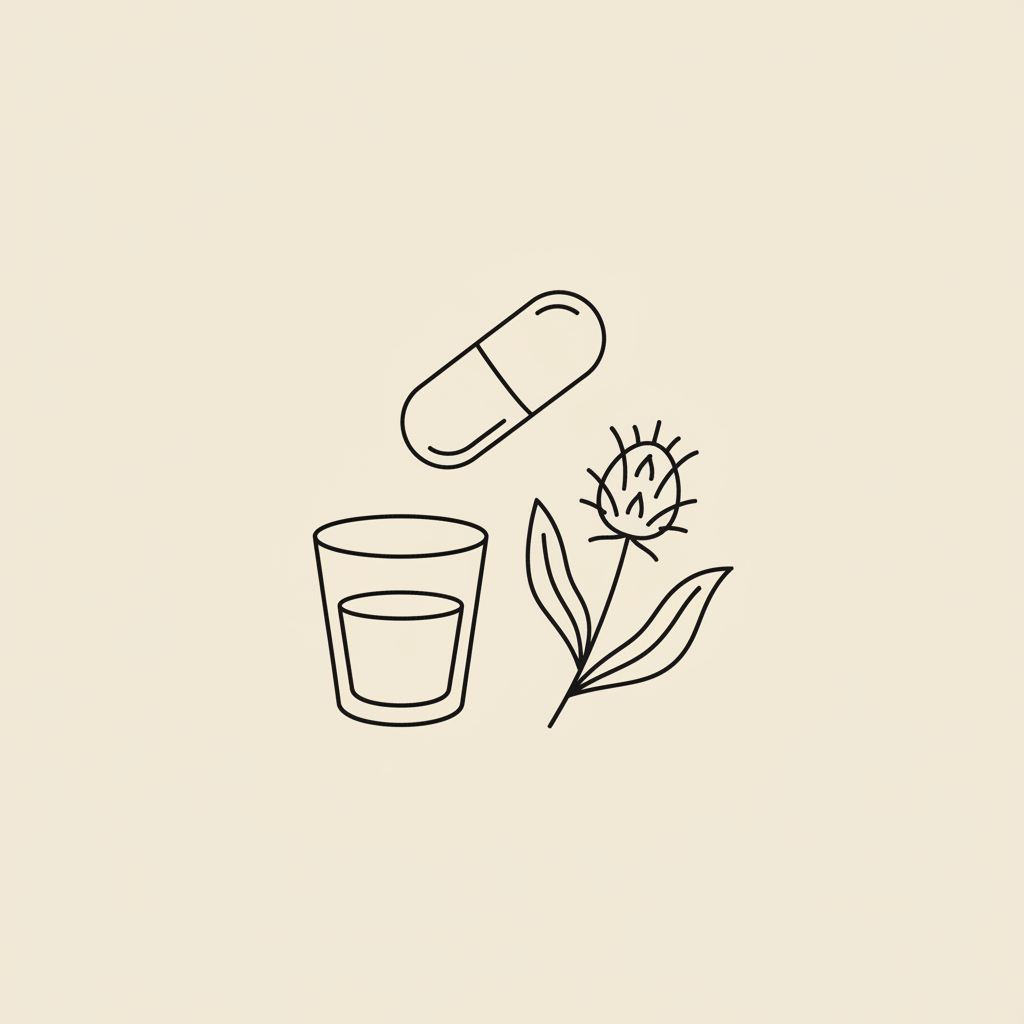Minimalist line illustration of a capsule, water glass, and milk thistle on beige background, symbolic for what is a health and nutrition coach