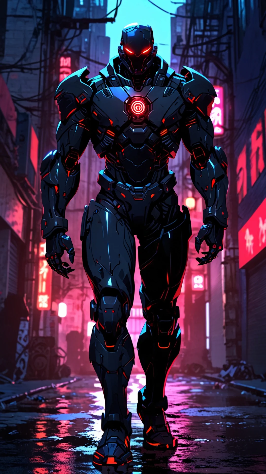 Cybernetic Warrior in Neon Rain-Slicked Alley - Free 4K mobile Wallpaper