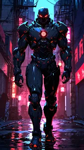 Cybernetic Warrior in Neon Rain-Slicked Alley