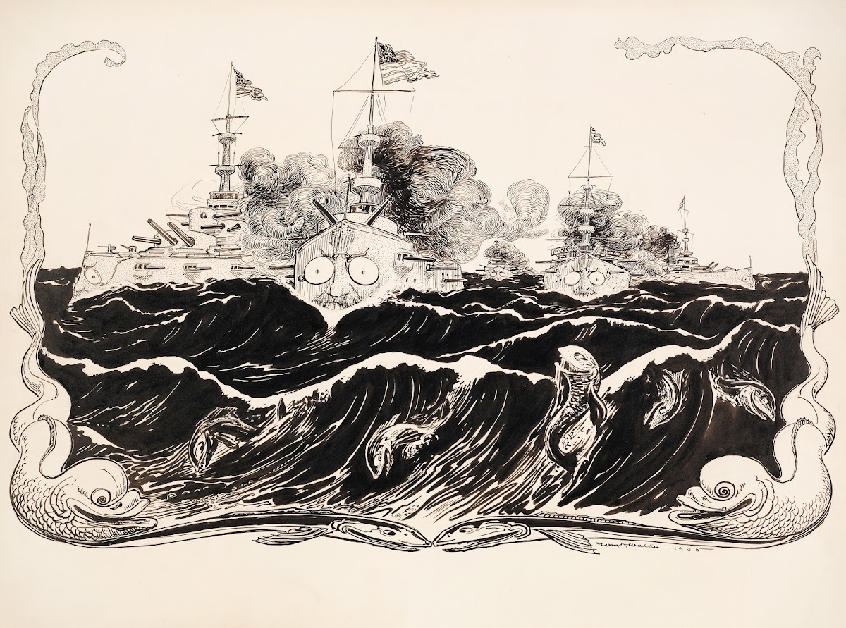 Three US war ships traveling through rough waters 1905