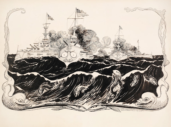 Three US war ships traveling through rough waters 1905