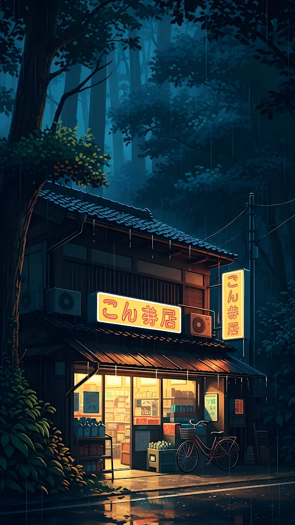 Japanese Convenience Store in Rainy Forest Night