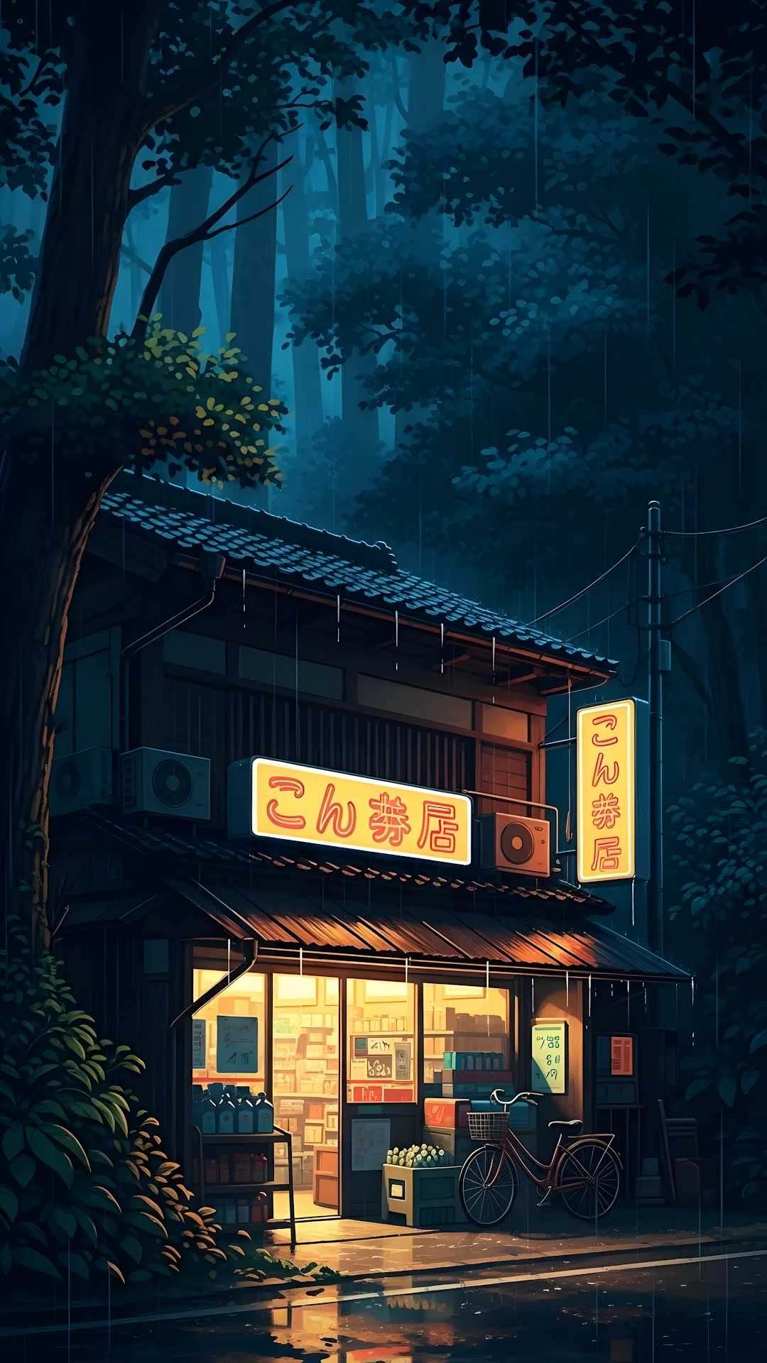 Japanese Convenience Store in Rainy Forest Night - Free 4K mobile Wallpaper