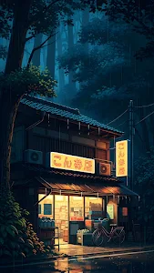 Japanese Convenience Store in Rainy Forest Night