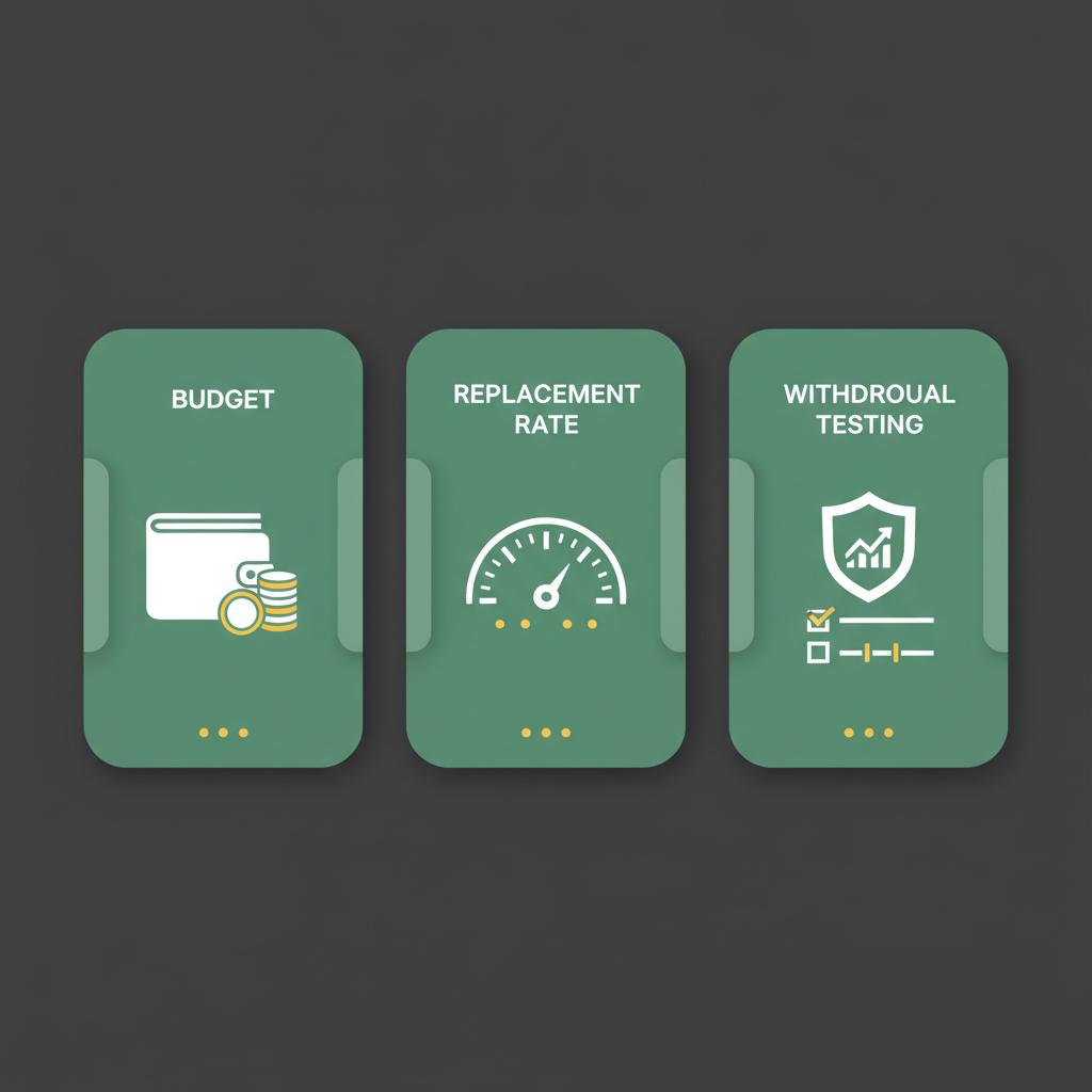 Minimalist 2D vector three column framework showing budget replacement rate and withdrawal testing for retirement planning tips on dark background