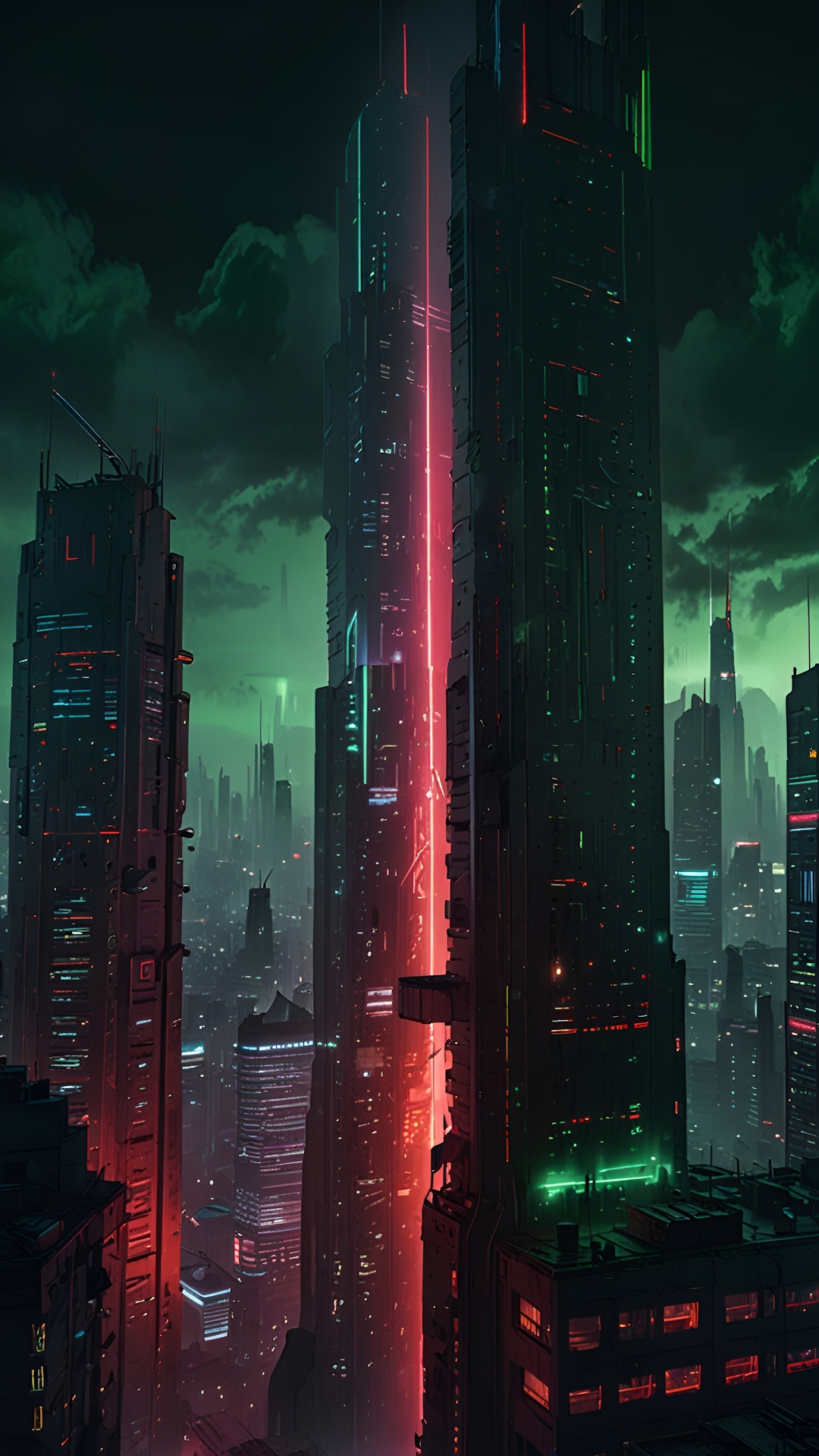 Neon Red Split Skyscraper in Dark Cyberpunk Metropolis - Free 4K mobile Wallpaper