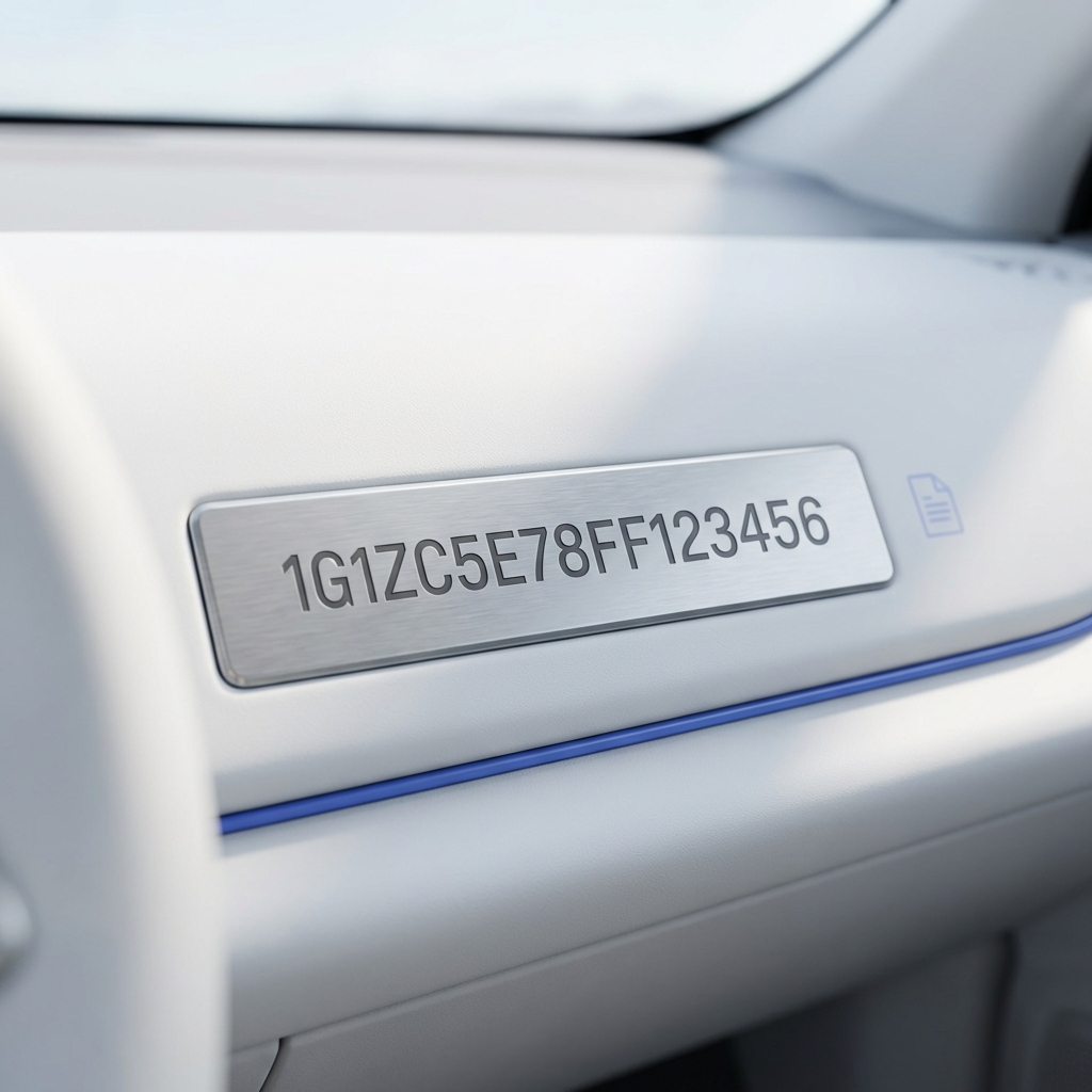 Close up of car dashboard VIN plate with faint document icon indicating vehicle history report optimized for edmunds appraise my car