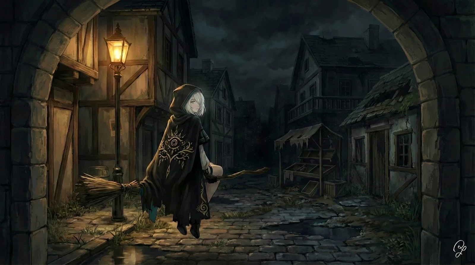 Sorceress Flying Through Dark Streets - Dark Digital Illustration 5K Wallpaper (6689x3734)