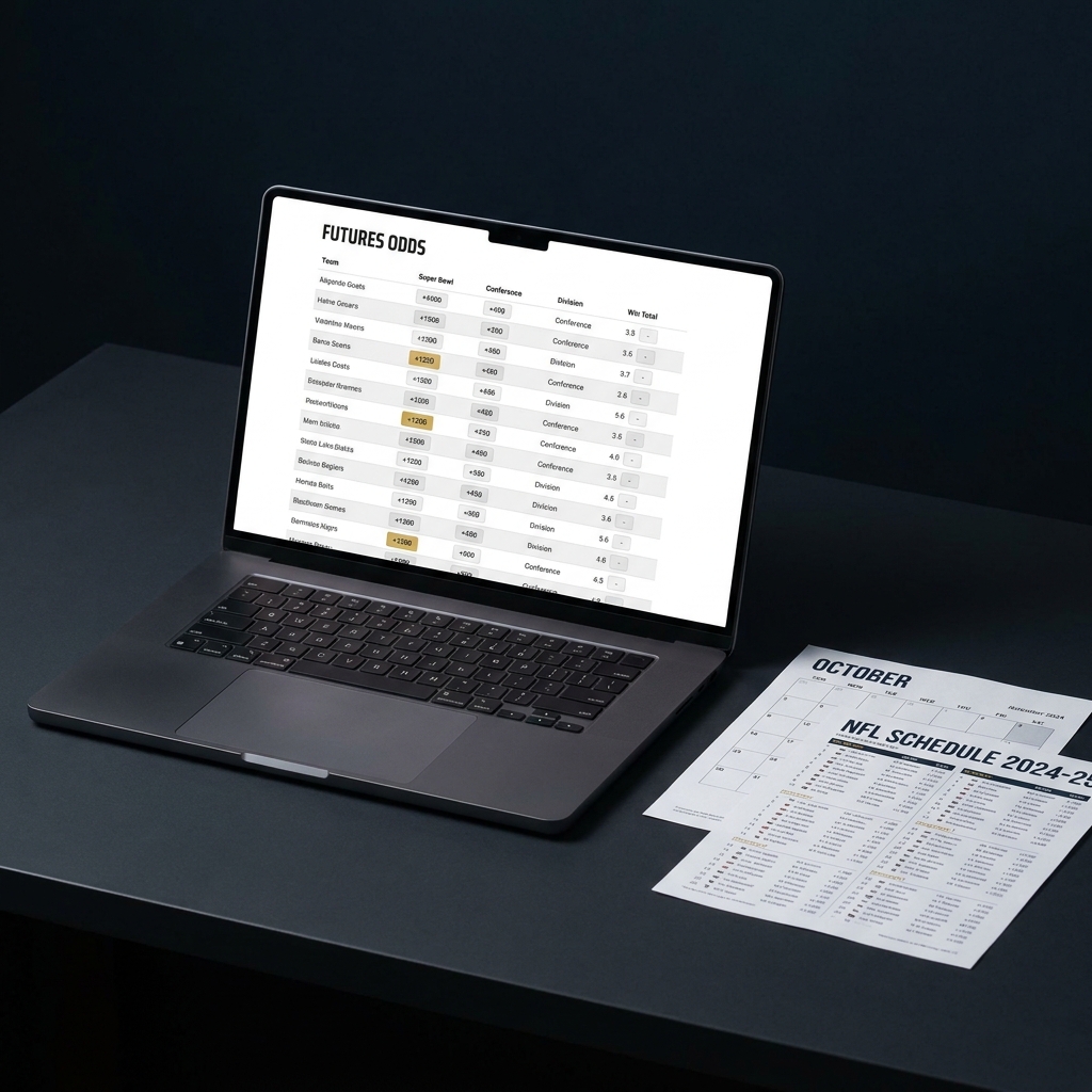 Close up of a laptop showing a futures odds page and a printed nfl football schedule and odds calendar on a dark minimalist desk in Funded Plays color palette