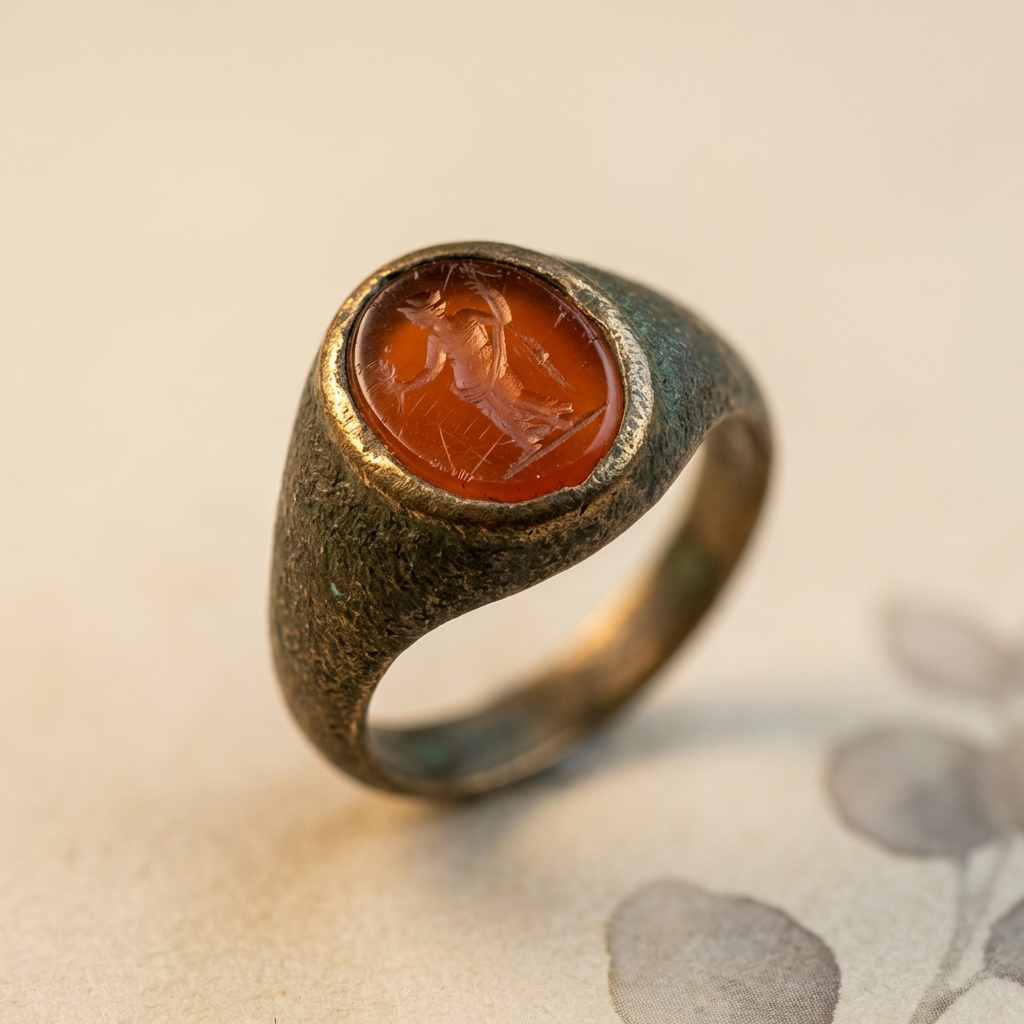 Macro photoreal close up of an engraved gem on a bronze ring showing visible tool marks and surface wear on a clean pale beige background ancient greek rings