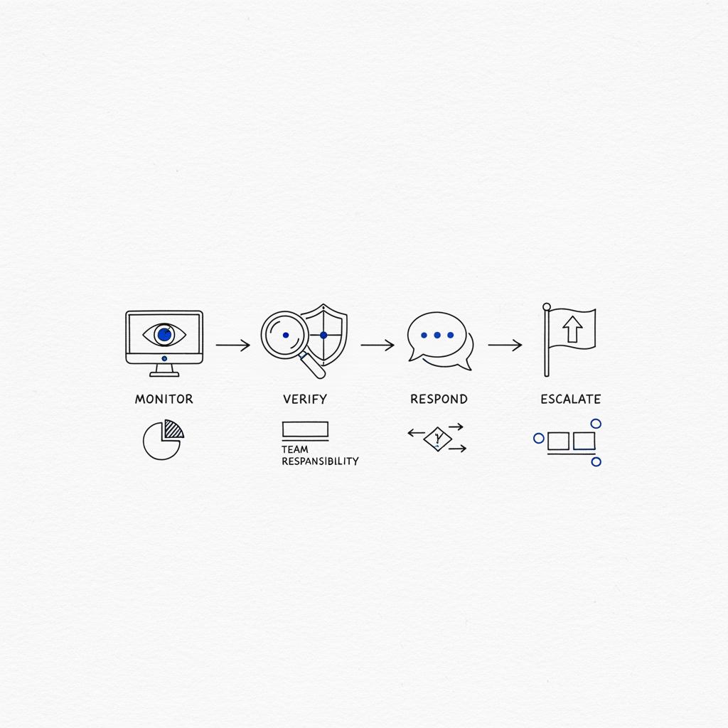 Close-up notebook sketch of a review-response workflow with icons for monitor, verify, respond, and escalate, minimalist style &mdash; best reputation management company