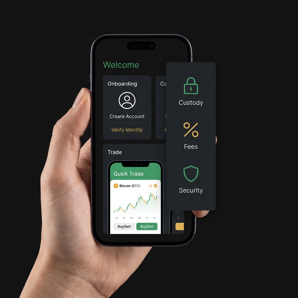 Close up of a hand holding a phone displaying a crypto trading app sample flow with checklist icons for custody fees and security on dark Finance Police brand background