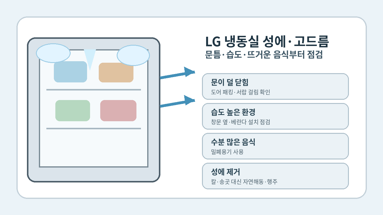 LG 냉동실에 성에와
고드름이 생기고 문틈으로 습한 공기가 들어오는 원인을 보여주는 대표 이미지