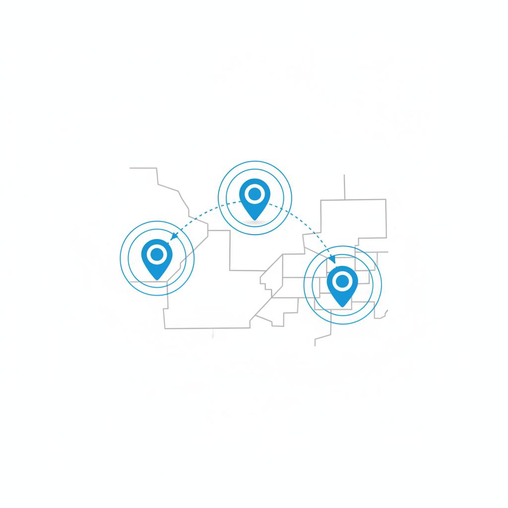 Minimal 2D vector map highlighting metro areas with concentric search radius circles showing expanded search strategy for finding a rare trim subaru wrx automatic for sale