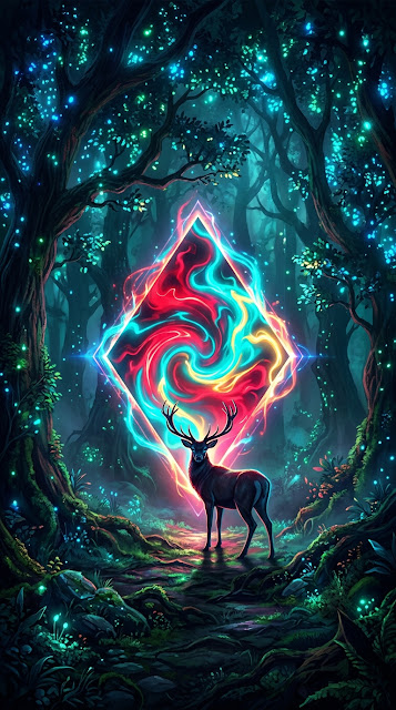 Mystical Neon Forest with Glowing Portal and Wild Deer - Free mobile Wallpaper