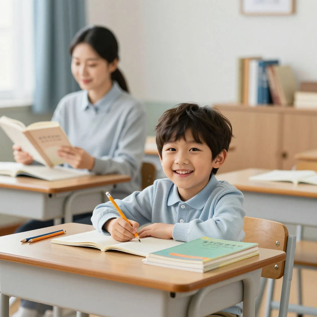 초등학교 1학년 아이가 밝고 따뜻한 방에서 책상에 앉아 공부 습관을 형성하는 모습