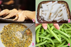 Cánh gà làm sạch, để ráo rồi ướp 1 muỗng canh nước măm, 1/2 muỗng cà phê tiêu, 2 muỗng cà phê mật ong khoảng 10 phút cho thấm gia vị. Bạn cắt củ sắn, đậu que cho vừa ăn. Chanh dây cắt đôi lấy phần cơm ở bên trong.