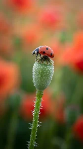 Ladybug on a Dewy Poppy Seed Head