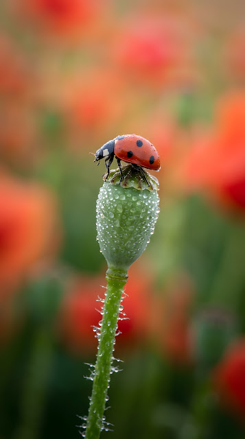 Ladybug on a Dewy Poppy Seed Head - Free mobile Wallpaper